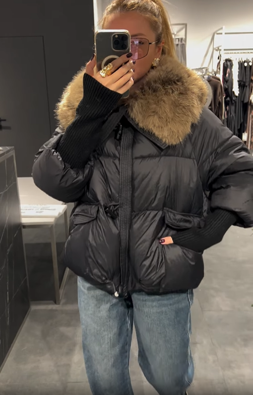 Short Puffer Jacket with Oversized Faux Fur Collar