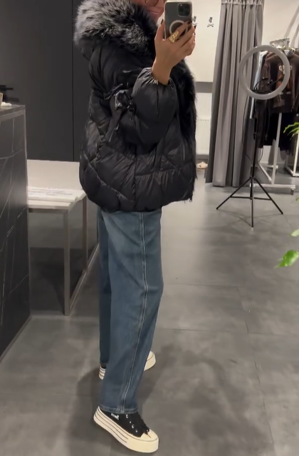 Faux Fur Trim Hooded Down Jacket with Bow Detail