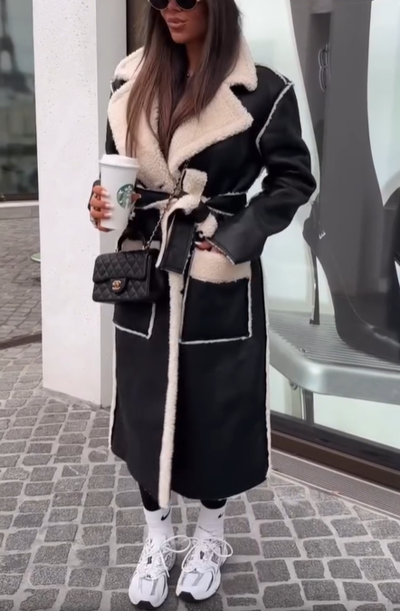 Reversible Shearling-Style Coat with Belted Waist