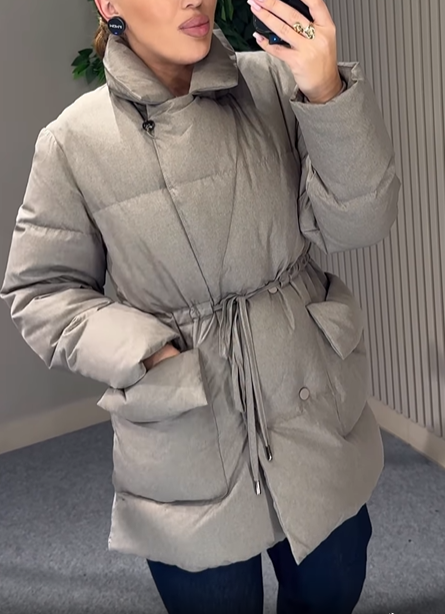 Collared Puffer Coat with Drawstring Waist