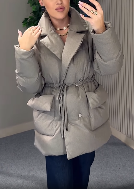 Collared Puffer Coat with Drawstring Waist