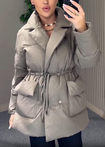 Collared Puffer Coat with Drawstring Waist