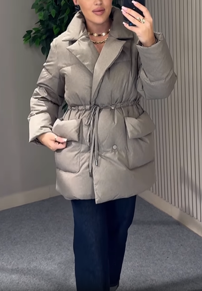 Collared Puffer Coat with Drawstring Waist