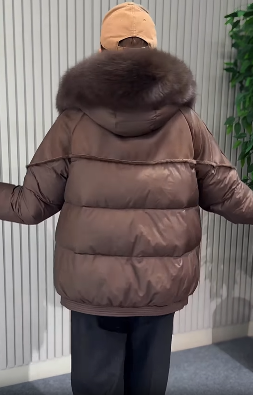 Cropped Puffer Jacket with Faux Fur Collar & Suede Panel Detailing