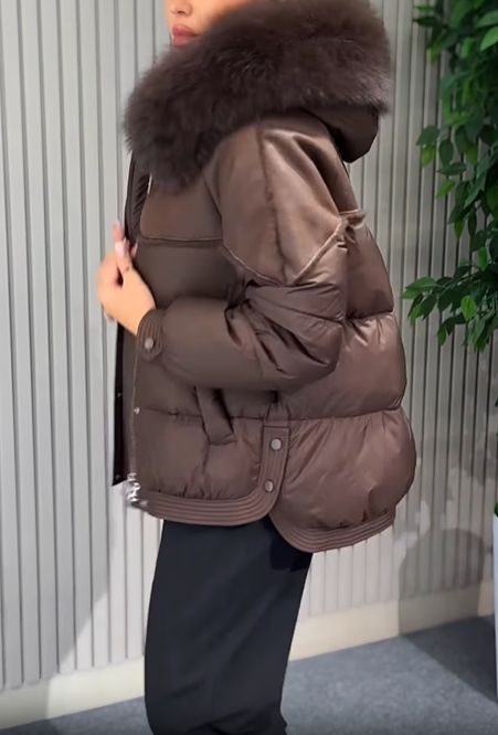 Cropped Puffer Jacket with Faux Fur Collar & Suede Panel Detailing