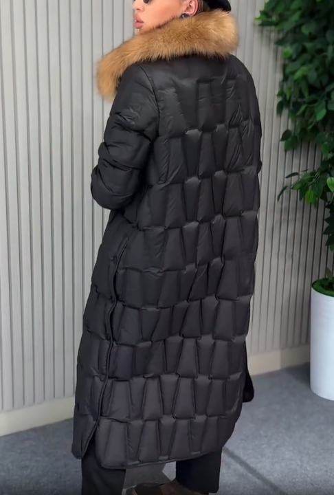 Floor-Length Quilted Puffer Coat with Faux Fur Collar & Belt