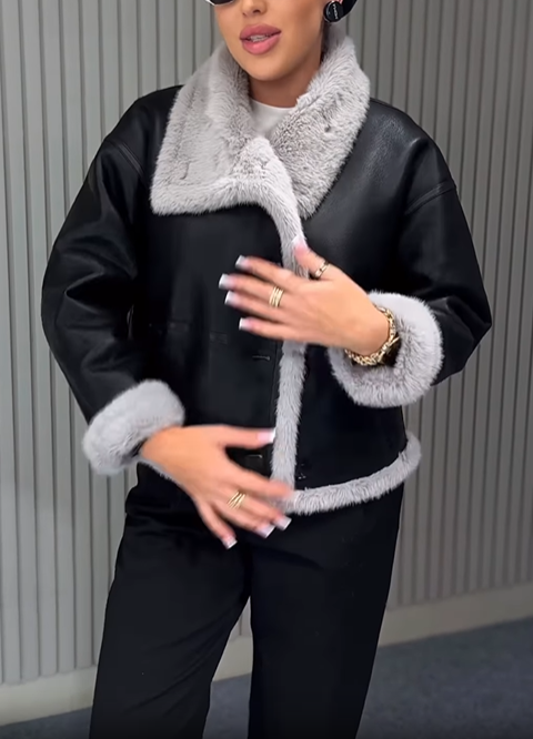 Faux Leather Shearling-Lined Jacket