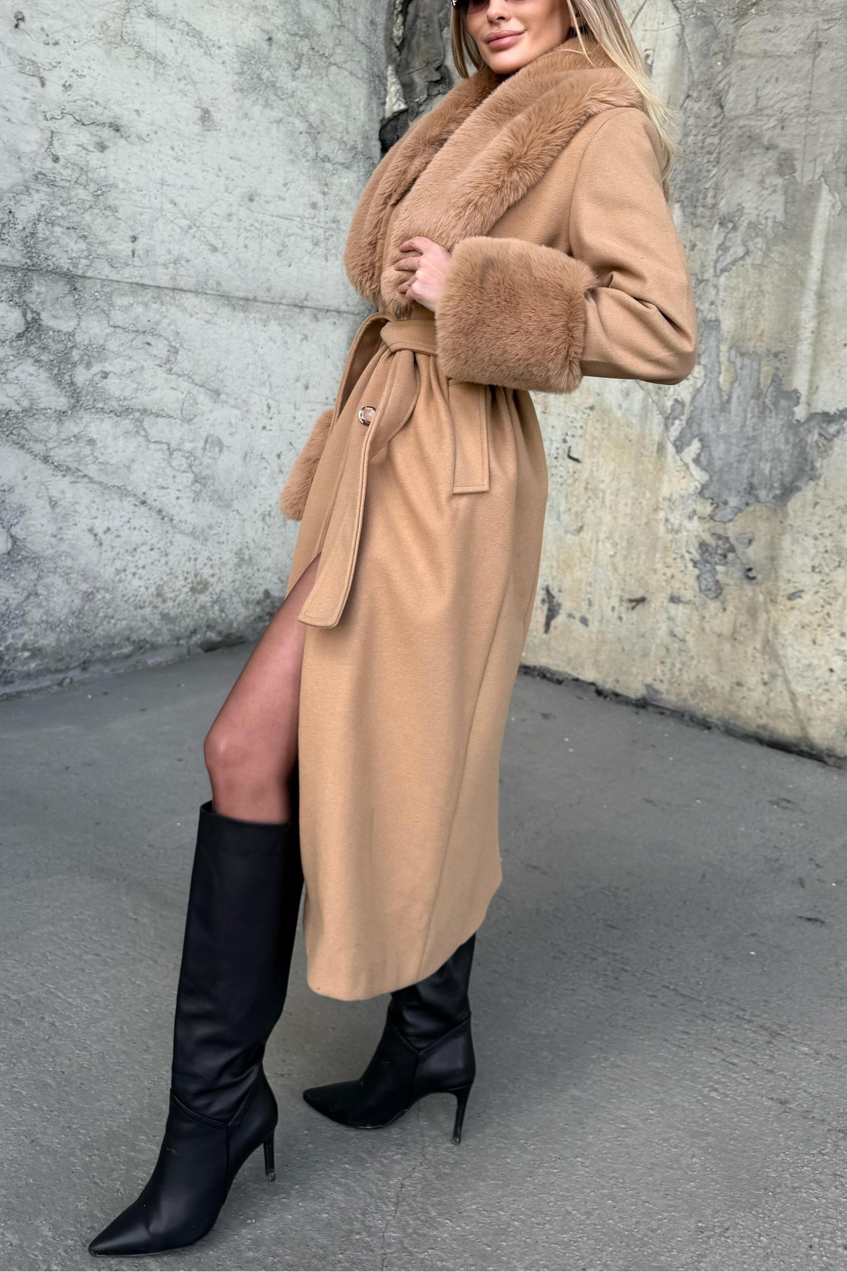 Wool - Blend Coat with Faux Fur Accents
