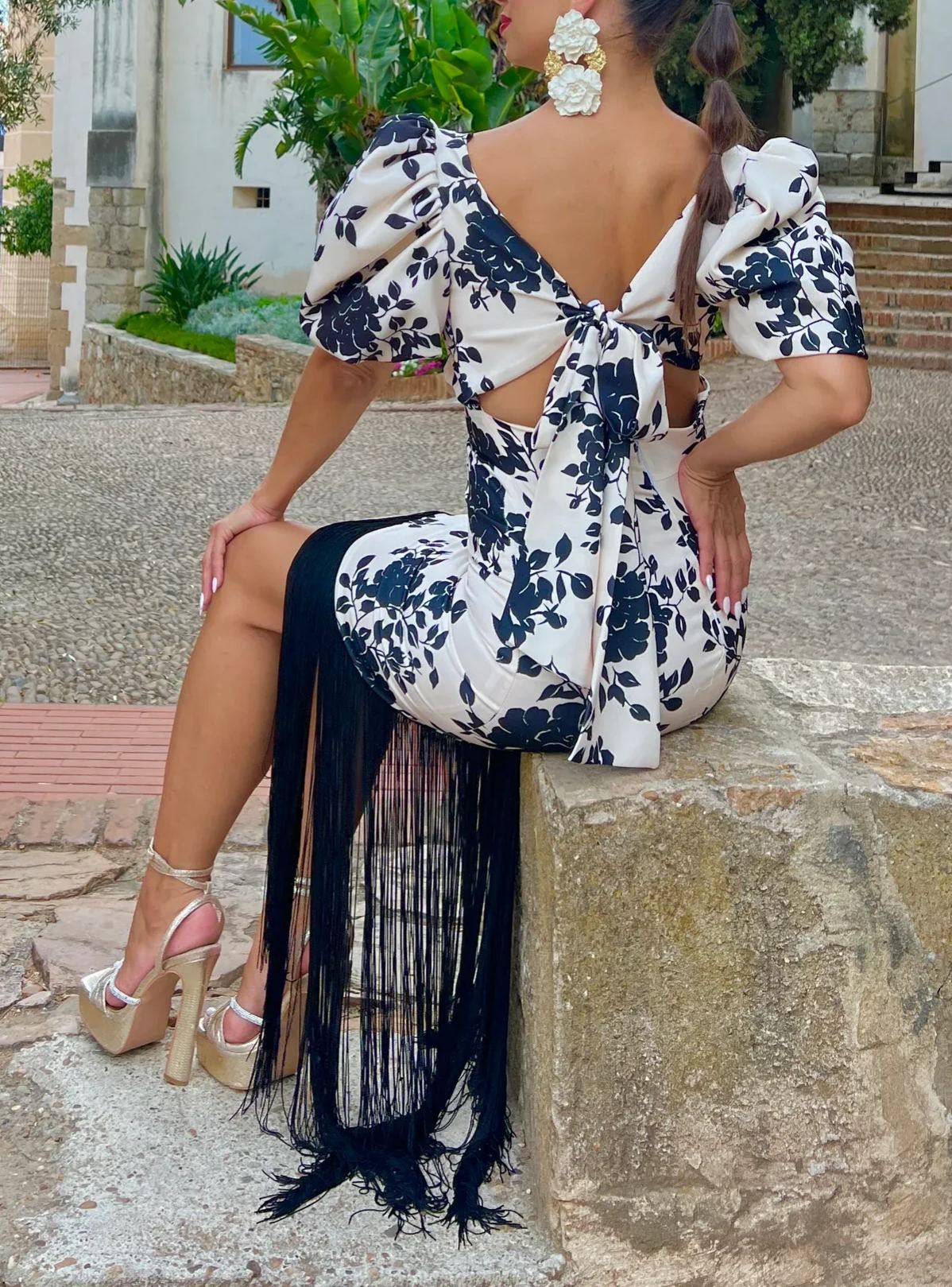 Monochrome Floral Fringe Midi Dress