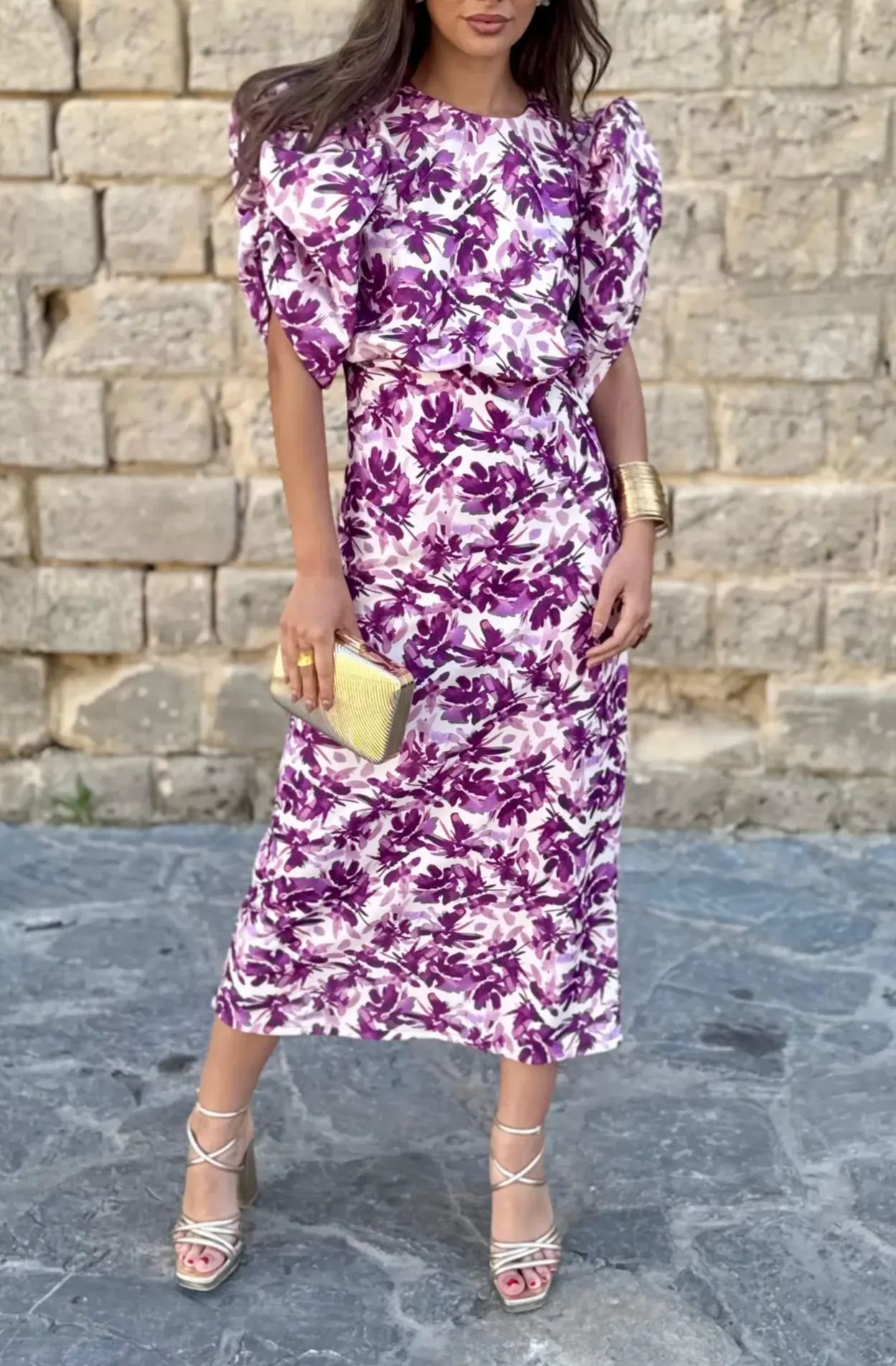Floral print bubble sleeve dress