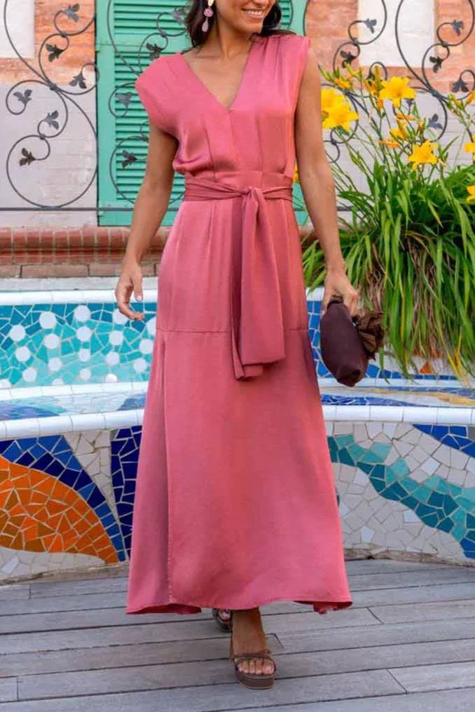  Pink satin tie-front slit dress