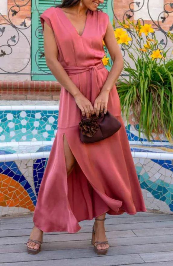  Pink satin tie-front slit dress