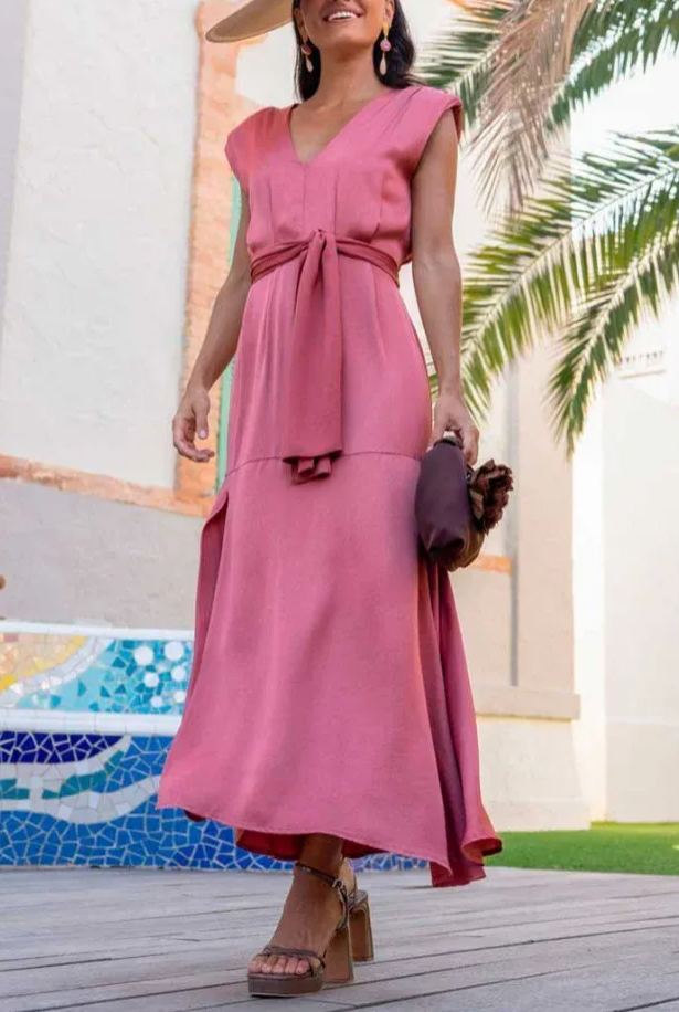  Pink satin tie-front slit dress