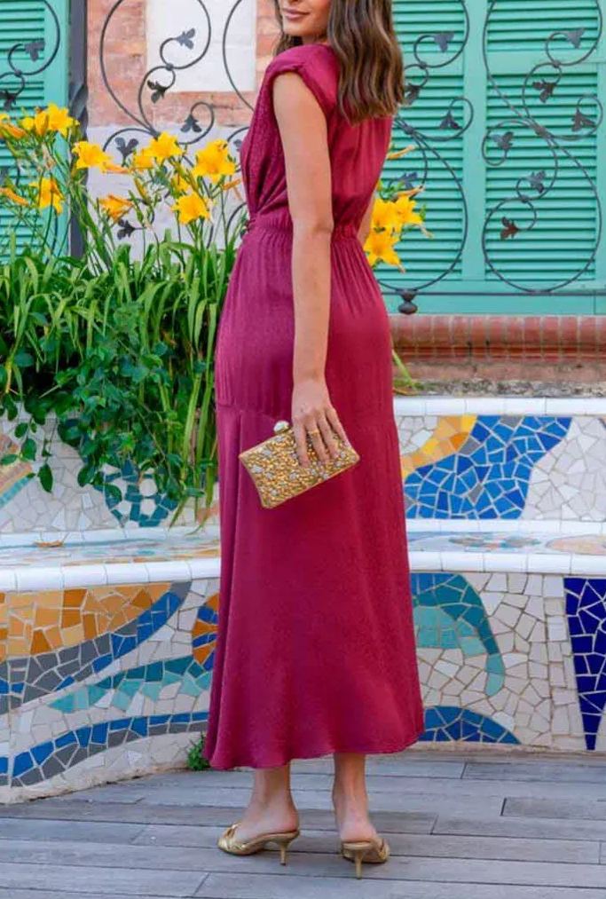 Burgundy satin tie-front slit dress
