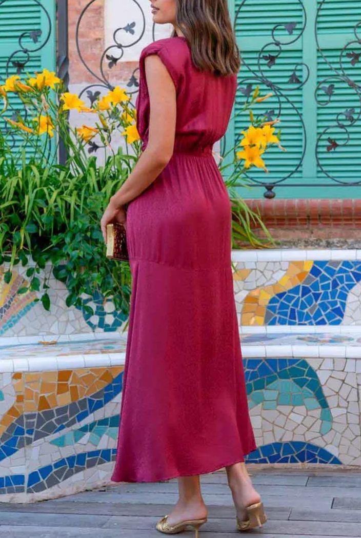 Burgundy satin tie-front slit dress