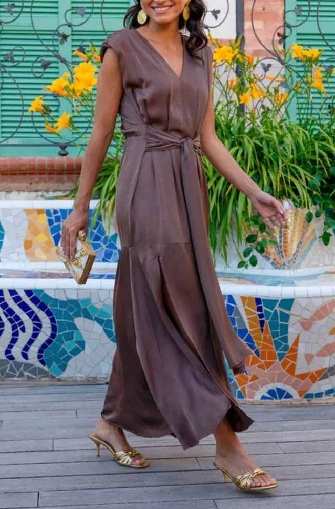 Chocolate satin tie-front slit dress