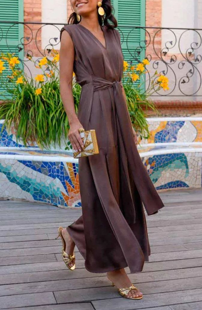 Chocolate satin tie-front slit dress