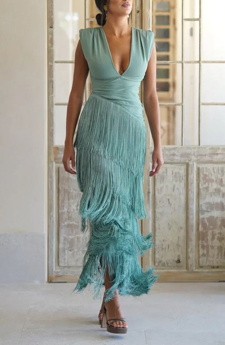 Aquamarine Draped V-Neck Fringe Dress