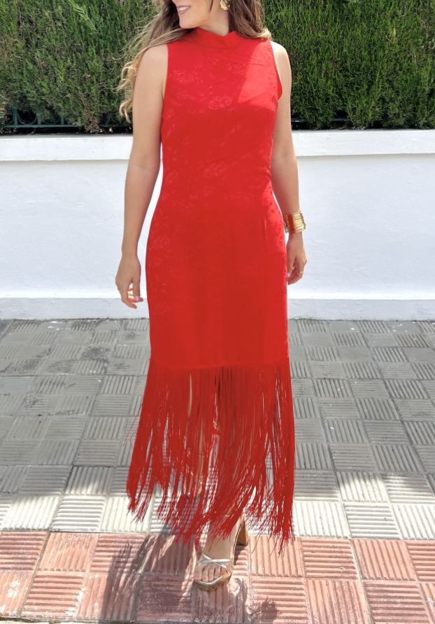 Red satin fringe halter dress