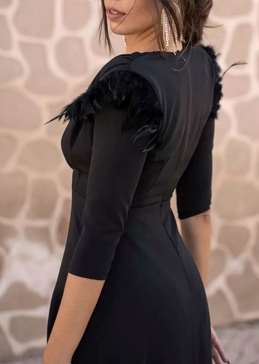 Black long-sleeved feather-trimmed deep V-neck dress