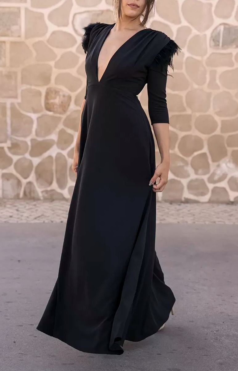 Black long-sleeved feather-trimmed deep V-neck dress