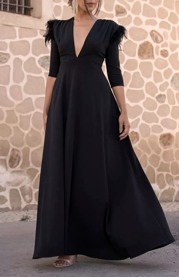 Black long-sleeved feather-trimmed deep V-neck dress