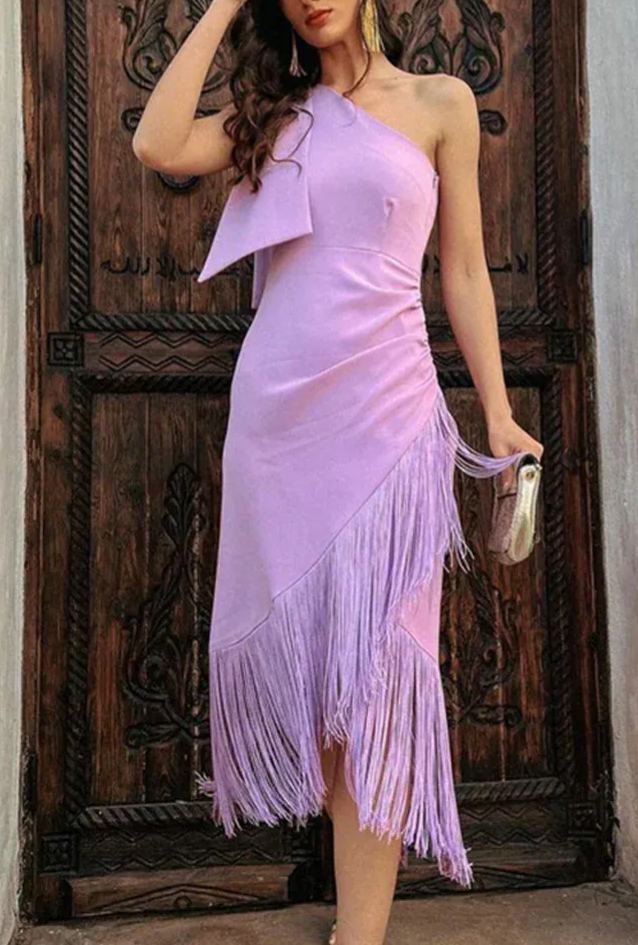 One-Shoulder Fringe-Trimmed Dress