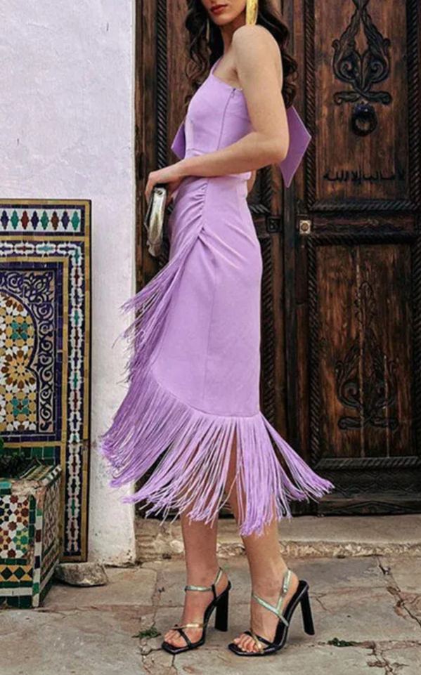 One-Shoulder Fringe-Trimmed Dress