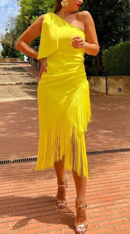 One-Shoulder Fringe-Trimmed Dress