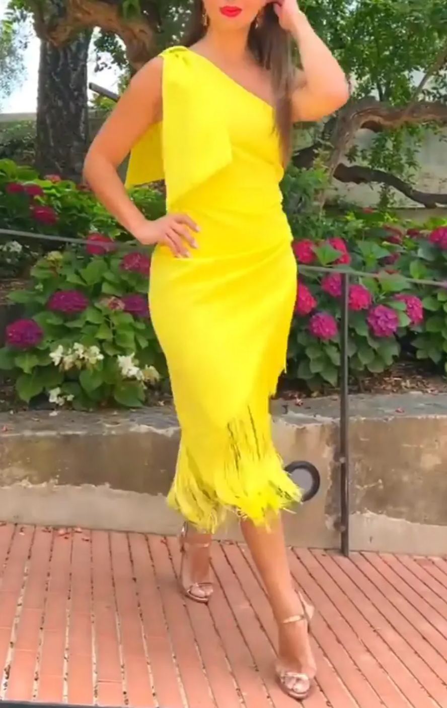 One-Shoulder Fringe-Trimmed Dress