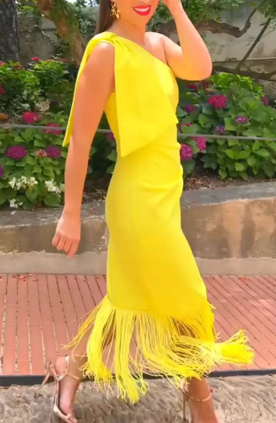 One-Shoulder Fringe-Trimmed Dress