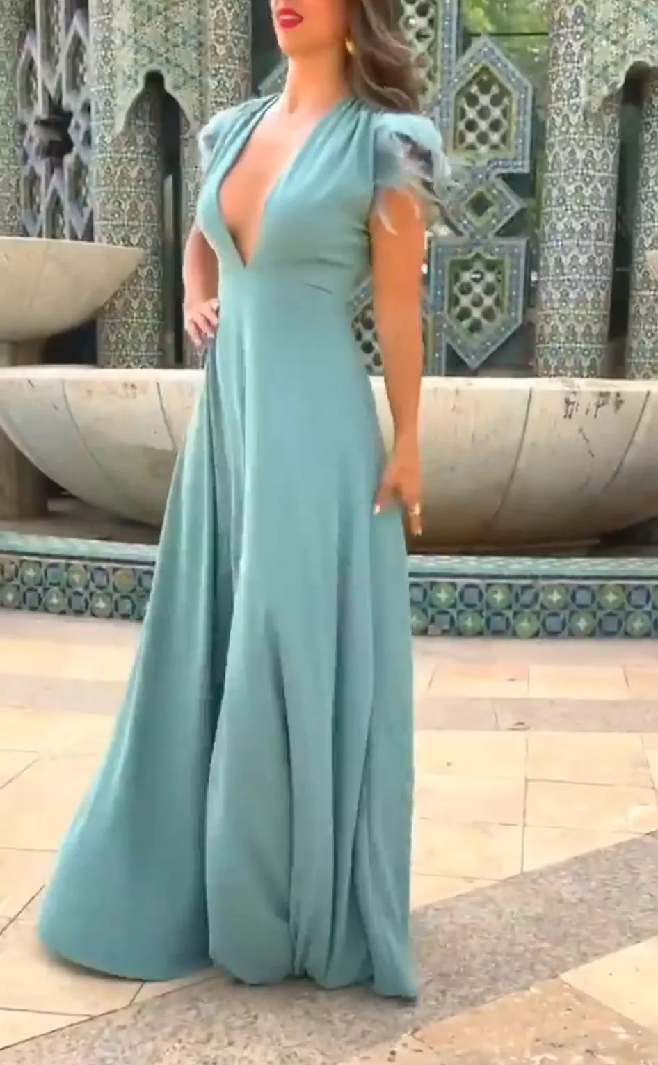 Mint feather-trimmed deep V-neck slit maxi dress
