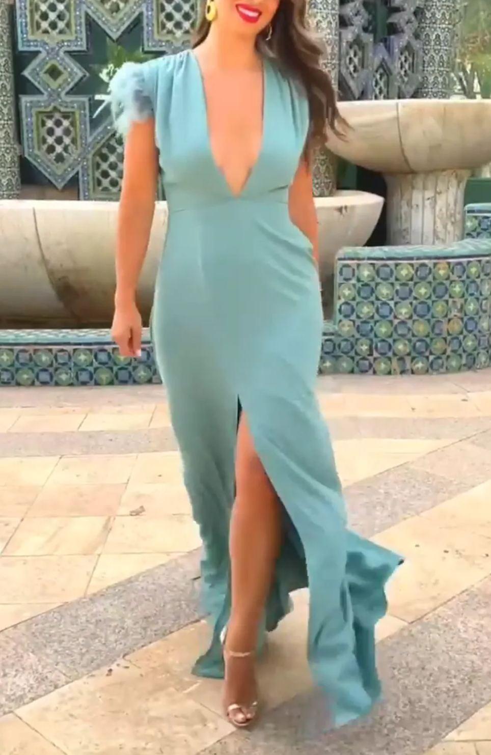 Mint feather-trimmed deep V-neck slit maxi dress
