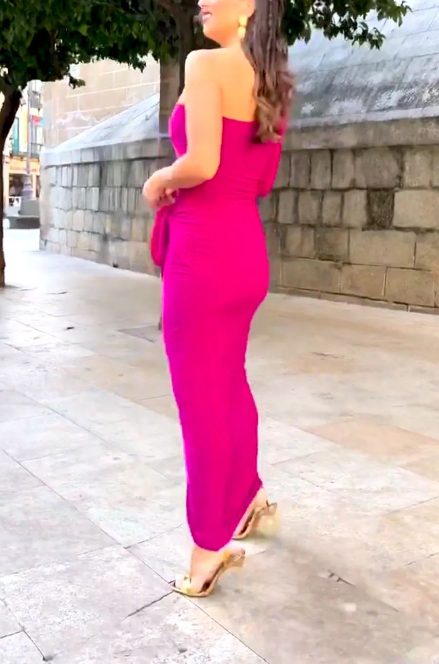 One-Shoulder Long-Sleeve Tie-Front Split Dress