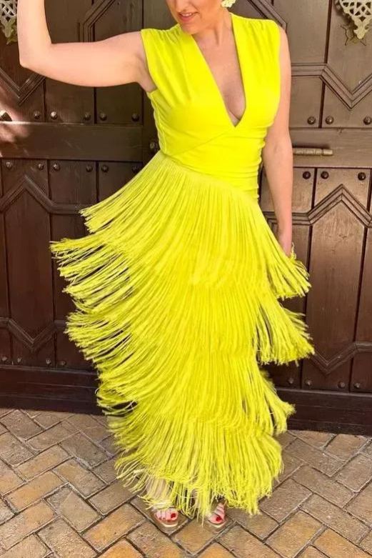 Mustard Draped V-Neck Fringe Dress