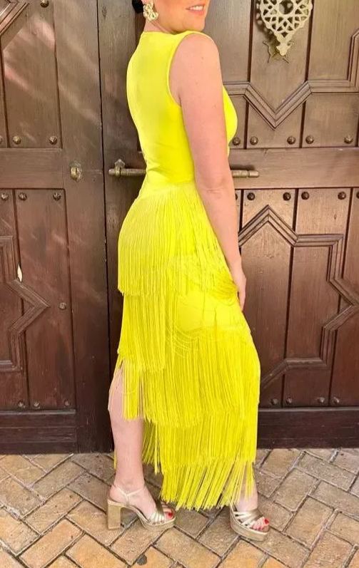  Mustard Draped V-Neck Fringe Dress