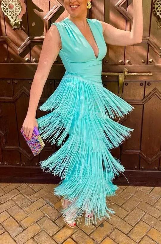 Mint Draped V-Neck Fringe Dress