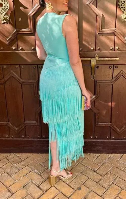 Mint Draped V-Neck Fringe Dress