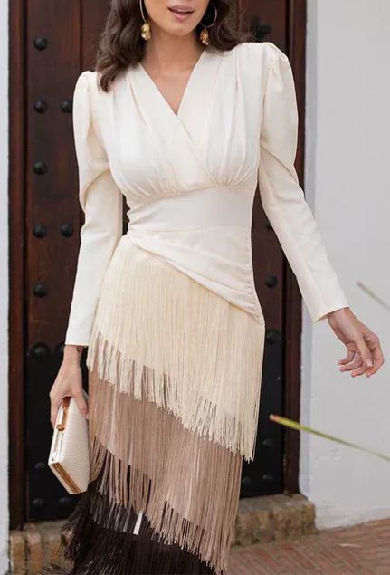 Long-sleeved elegant fringe dress