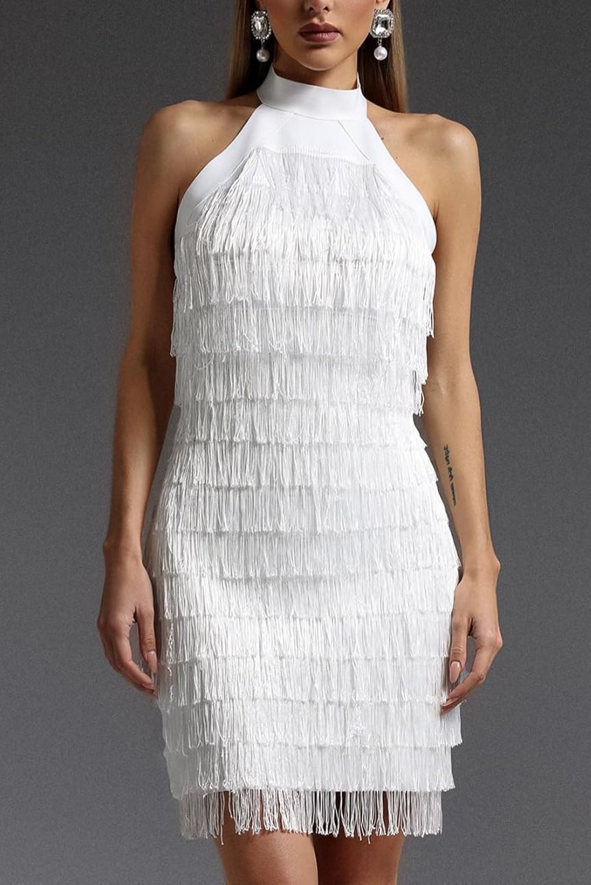 Strapless fringe backless mini dress