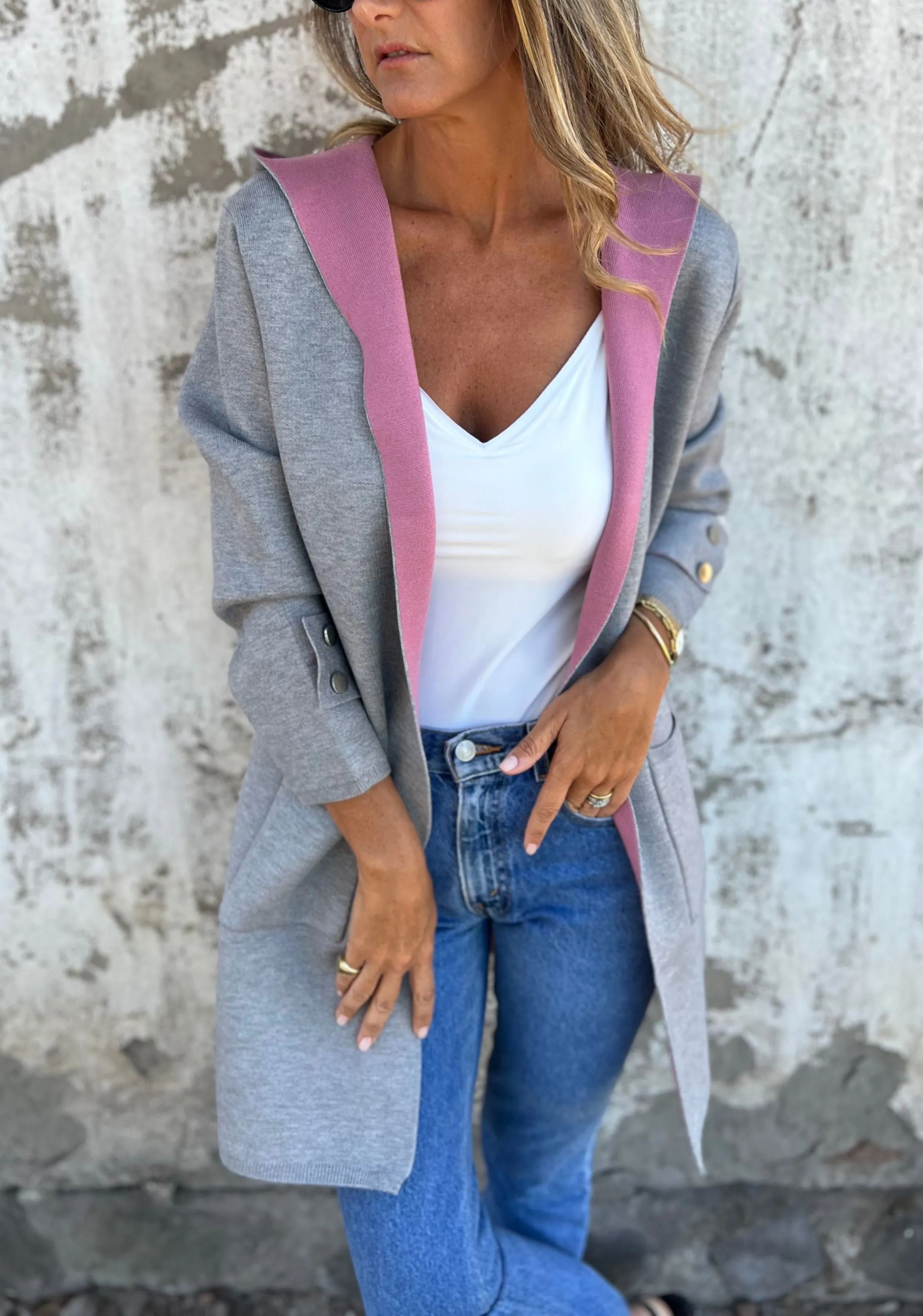 Two-tone gray and pink button coat