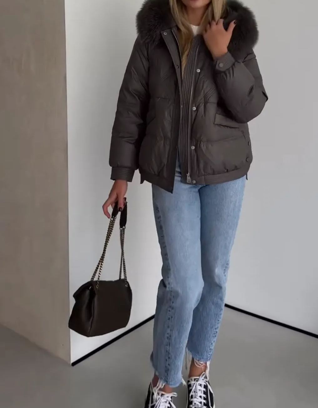 Gray Puffer Jacket with Oversized Faux Fur Hood