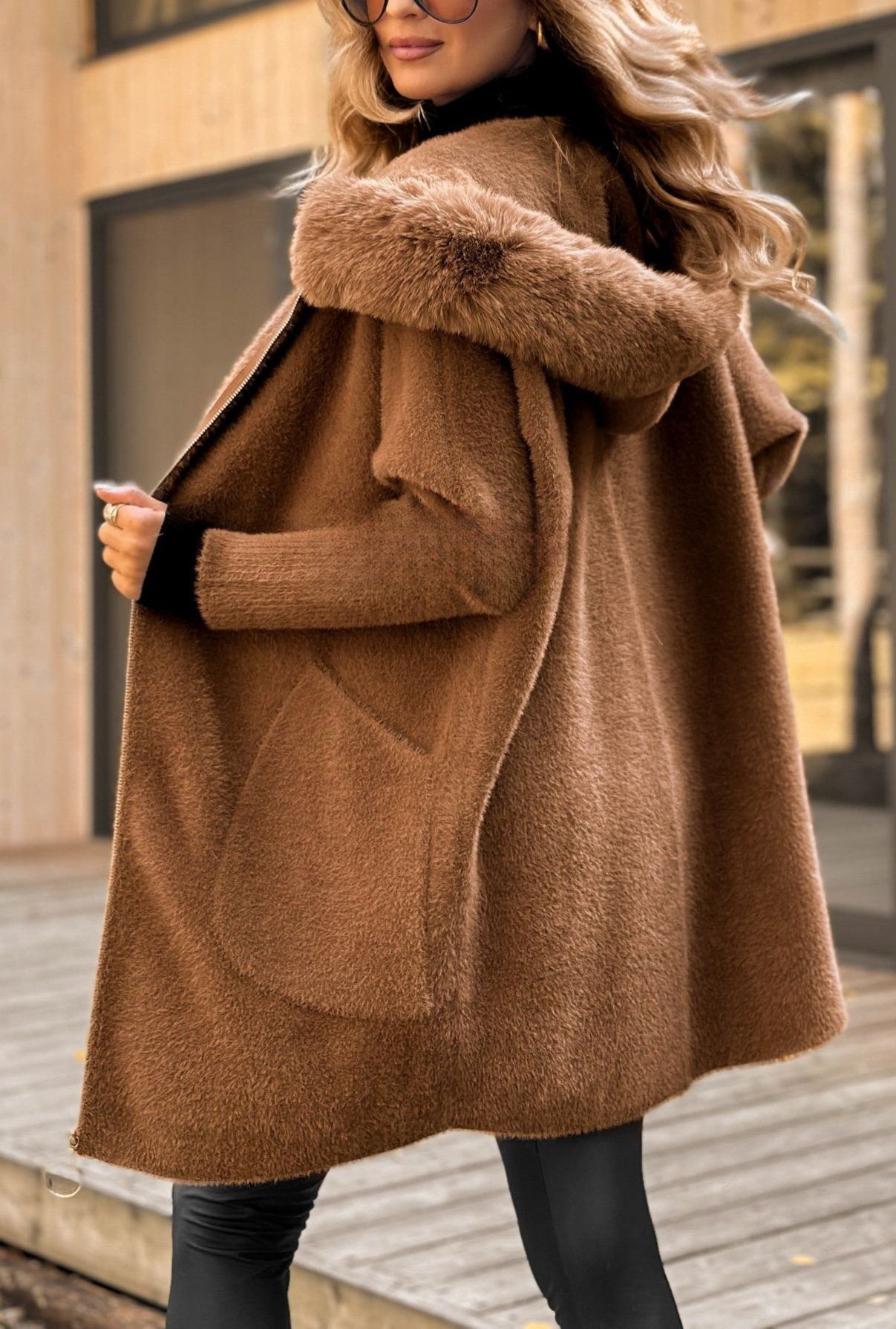 Faux Fur & Wool - Blend Hooded Coat