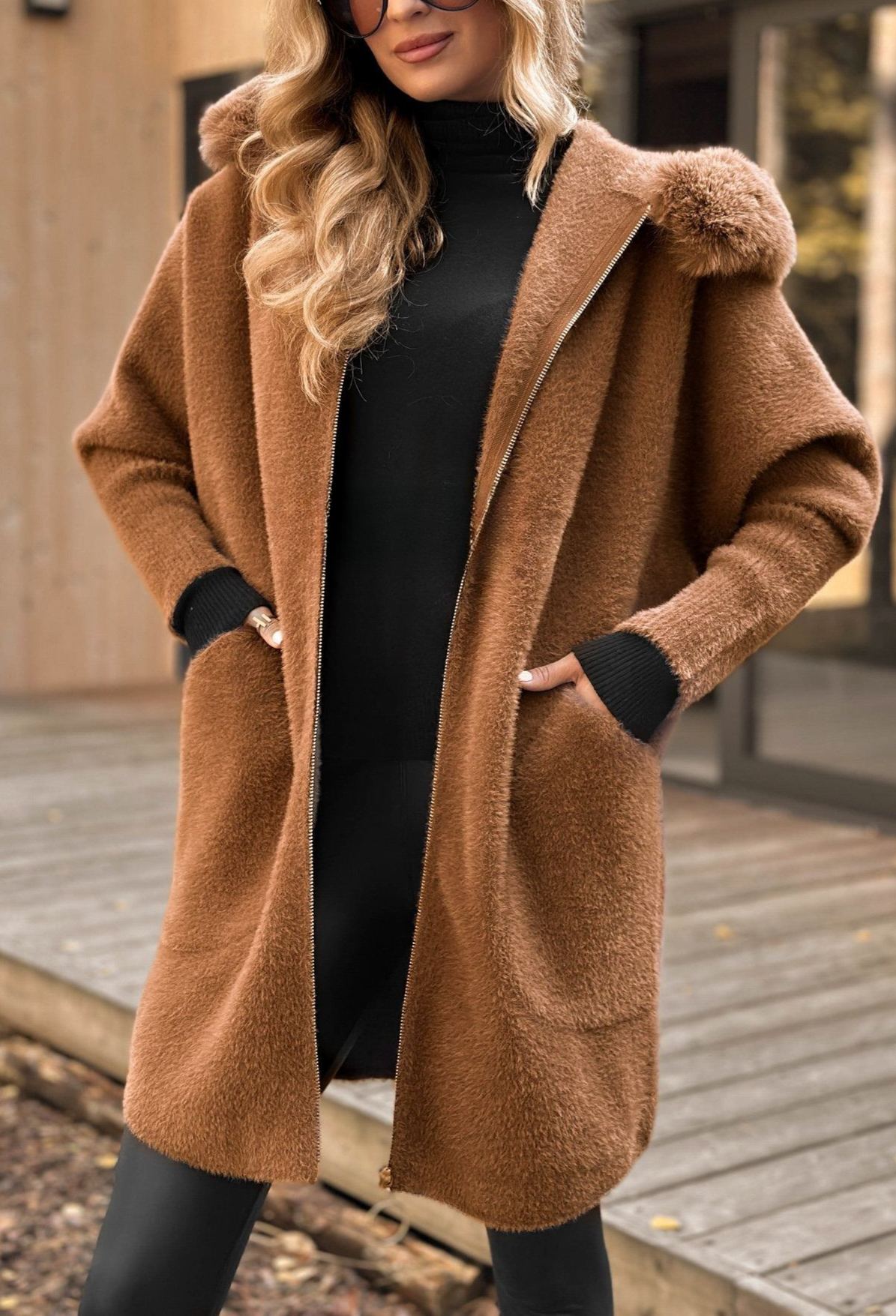 Faux Fur & Wool - Blend Hooded Coat