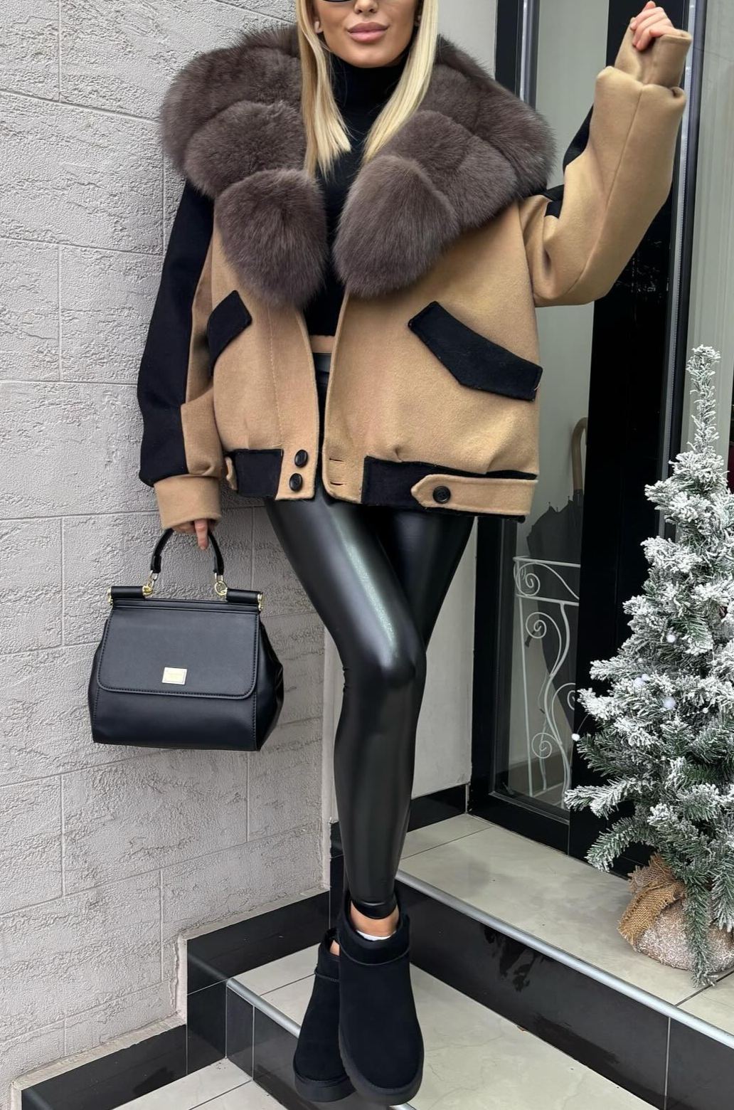 Wool - Blend Jacket with Faux Fur Collar