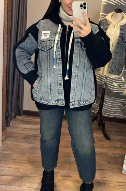Denim and Knit Patchwork Hooded Jacket