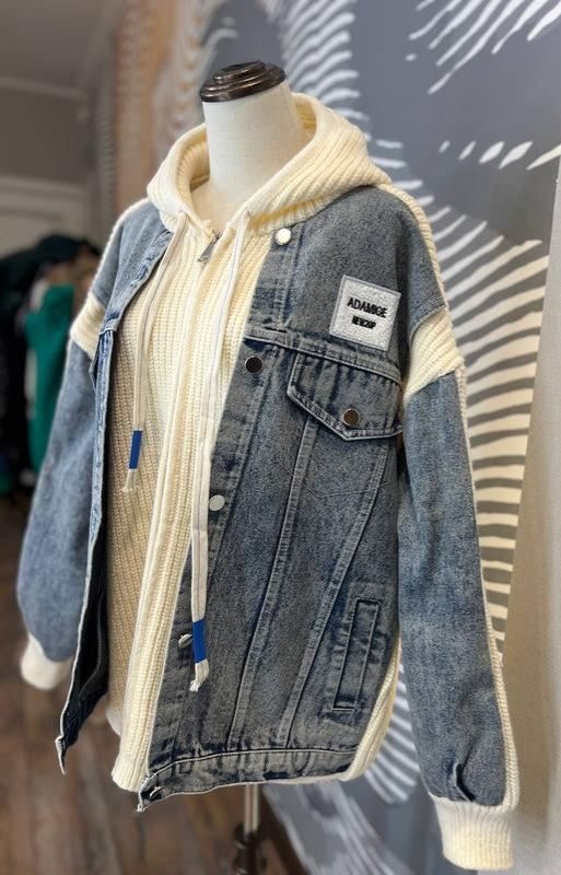 Denim and Knit Patchwork Hooded Jacket