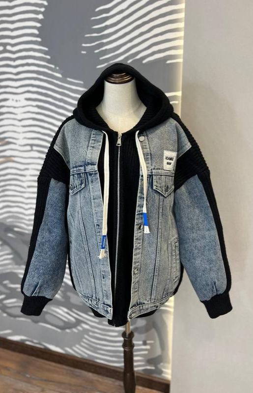 Denim and Knit Patchwork Hooded Jacket