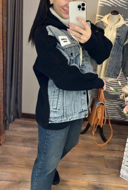 Denim and Knit Patchwork Hooded Jacket