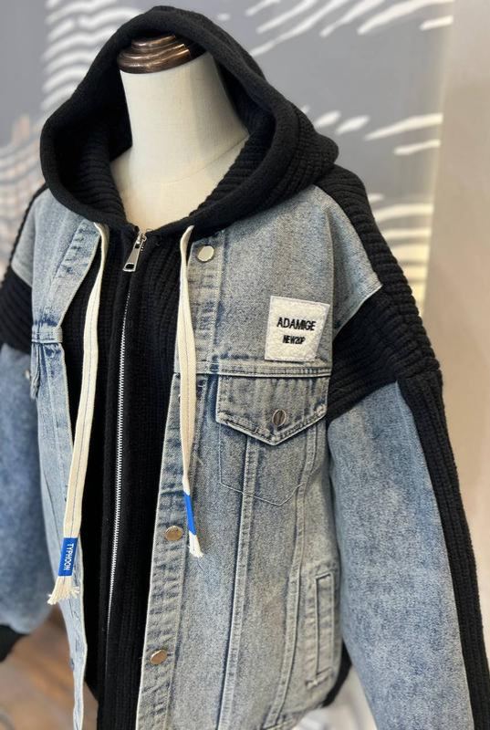 Denim and Knit Patchwork Hooded Jacket